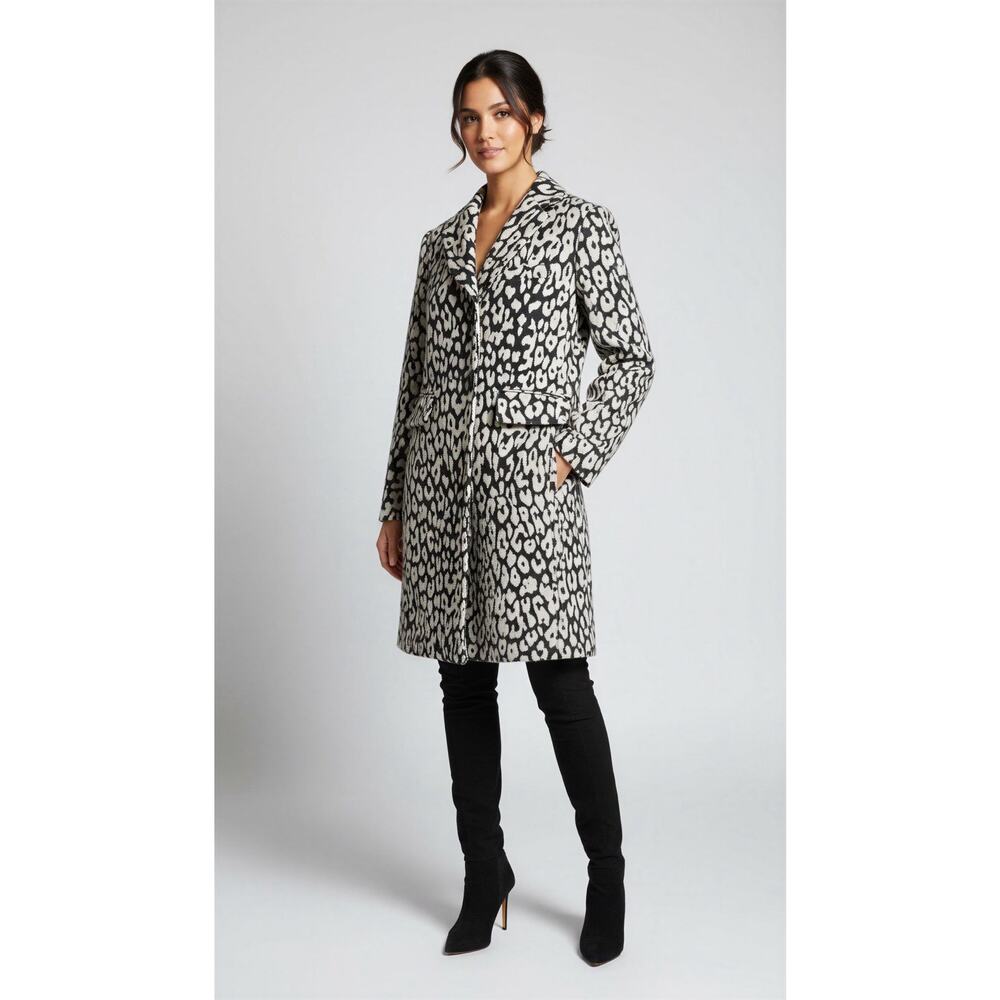 Gryphon New York Gray/Tan Leopard Animal‎ Print Mid Length Coat F1LP982 Sz Small